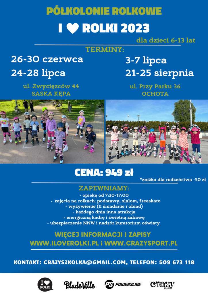 plakat półkolonii rolkowych w Warszawie w wakacje 2023