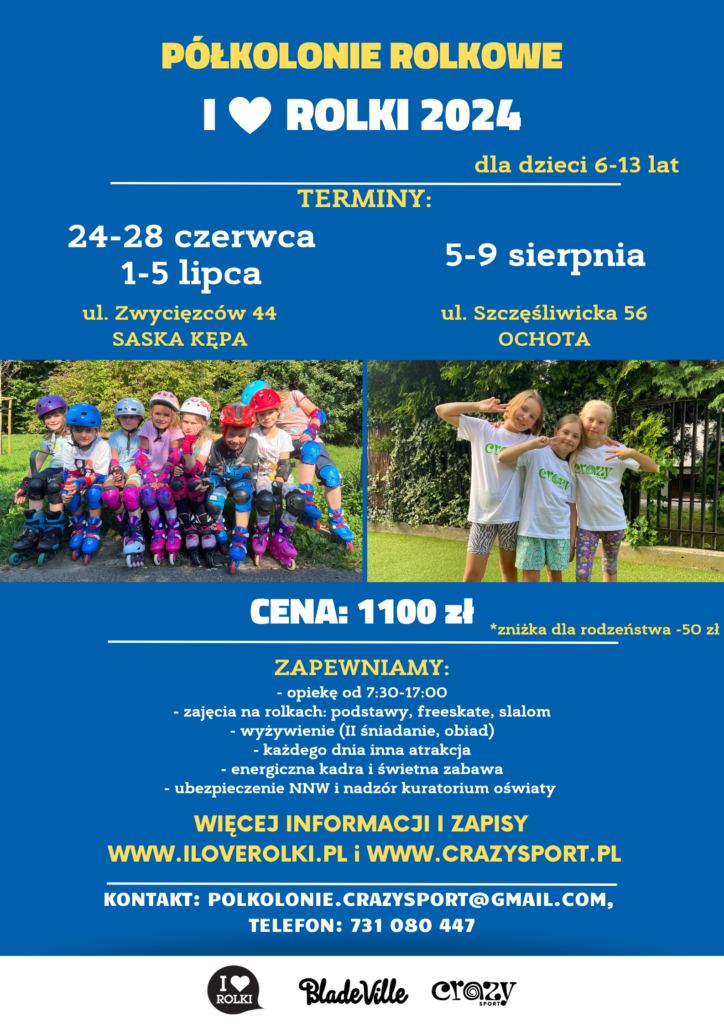 plakat - półkolonie rolkowe Warszawa 2024 na ul. Zwycięzców oraz Szczęśliwickiej